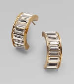 An elegant style with baguette rhinestones in a goldtone setting. Goldtone brassLength, about ¾14k gold post backImported 