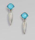 A opalescent, faceted, crystal accented turquoise stone set in sleek sterling silver with a long textured drop detail. Crystal accented turquoise doubletSterling silverDrop, about ½Post backImported 