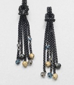 From the Chain Collection. A long elegant, blackened sterling silver box chain tassel with 18k gold, blue topaz and hematite bead details. 18k goldBlue topaz and hematiteBlackened sterling silverLength, about 1Post backImported 