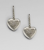 From the Cable Heart Collection. Graceful hearts, encrusted with pavé diamonds, drop from sterling silver cables. Diamonds, 1.1 tcw Sterling silver Drop, about ½ Ear wire Imported