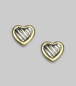 From the Heart Collection. Modern hearts, sculpted in cabled sterling silver, framed in 18k gold. Sterling silver and 18k yellow gold Length, about ½ Post back Imported