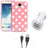 Fosmon 3 in 1 Bundle for Samsung Galaxy S4 IV / I9500 - 1x Fosmon DURA Series SLIM-Fit Case Polka Dot Skin Cover (Baby Pink) - 1x Fosmon 2.1amps / 10w Dual Port USB Rapid Car Charger - 1x Fosmon Micro USB Data Charging Cable