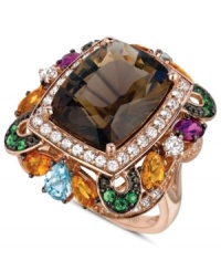 Illuminate your look with a spectrum of color. Le Vian's intricate ring combines cushion-cut smokey quartz (8-3/8 ct. t.w.), round-cut white topaz (1 ct. t.w.), round-cut tsavorite (1/5 ct. t.w.), oval-cut citrine (1-1/8 ct. t.w.), pear-cut blue topaz (3/4 ct. t.w.) and round-cut rhodolite (1/2 ct. t.w.). Set in 14k rose gold. Size 7.