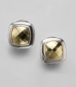 From the Albion Collection. A faceted center of gleaming 18k yellow gold, simply surrounded by polished sterling silver. 18k yellow gold and sterling silver About ½ square Post-and-hinge back Imported