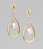 A round pearl dangles from a pretty 18k goldplated teardrop frame. 10mm round white organic man-made pearl 18k goldplated sterling silver Drop, about 1½ Ear wire Imported 