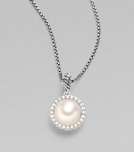 From the Cable Pearl Wrap Collection. A pretty pearl pendant surrounded by radiant pavé diamonds, dangles on a box chain with classy elegance. 10½mm white freshwater pearl Diamonds, 0.24 tcw Sterling silver Chain length, about 17 Lobster clasp Imported