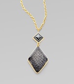 This sleek, long 14k goldplated chain dangles an eye-catching diamond shaped pendant. 14k goldplated white metal alloy Length, about 18 Resin covered water snakeskin Pendant size, about 2¼ Lobster clasp closure Made in USA 