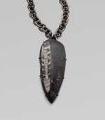 A wonder of nature, captured in smooth stone on a link chain. Orthoceras fossil in stoneGunmetal finished brass Chain length, about 20Pendant size, about 5L X 2WHook closureMade in USAPlease note: Stone size and appearance may vary.