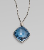 From the Cushion on Point Collection. A box-link chain of sterling silver proudly holds a faceted cushion of Hampton blue topaz, connected by a shimmering pavé diamond bead. Blue topaz Diamonds, 0.17 tcw Sterling silver Chain length, about 17 Pendant, about ¾ square Lobster clasp Made in USA