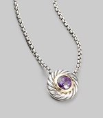 From the Color Classic Collection. A swirled sterling silver cookie pendant, with a faceted center of radiant amethyst, on a bold box chain. Amethyst Sterling silver Chain length, about 16 Lobster clasp Imported