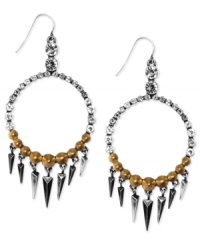 Points well taken. This pair of earrings from RACHEL Rachel Roy is crafted from gold-tone and silver-tone mixed metal with glass stones. Spikes place this pair on the cutting edge. Approximate drop: 2-3/4 inches. Approximate diameter: 1-1/2 inches.