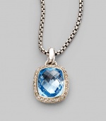 From the Noblesse Collection. An eye-catching faceted blue topaz is edged in pavé diamonds and hangs on a sterling silver cable chain. Blue topaz Diamonds, 0.3 tcw Sterling silver Chain length adjusts from about 16 to 17 Pendant width, about ½ Lobster clasp Made in USA