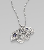 A whimsical trio of hamsa, evil eye, and om charms, rendered in sparkling diamonds and rich blue sapphires, hang from a delicate white gold chain. Diamonds, 0.21 tcw Sapphires 14K white gold Chain length, about 16 Claw clasp Made in USA 