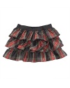 Traditional tartan plaid is crafted into a flirty tiered skirt accented with a flurry of ruffles for a fun, stylish touch.