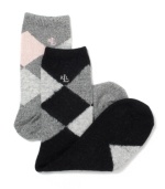 An exquisite marriage of trend and tradition, these glittery argyle angora socks from Lauren Ralph Lauren are the perfect pair. Rendered in warm wool and real rabbit hair, they feature the iconic LRL logo for subtle, signature style.