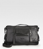 A smart option for any man on the move, styled with flap pockets on the outside and a padded laptop compartment on the inside. Top flap with buckle closures Top handles Adjustable, detachable shoulder strap Exterior flap pockets Interior zip, slip pockets Padded laptop compartment 16½W X 11H X 5D Imported 