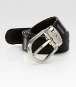 Polished, oval palladium-plated buckle, defines this reversible leather design with removable buckle, available in an extra-long size that you may tailor to fit your style and needs.LeatherAbout 1¼ wideImported