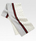 Knit GG pattern scarf with signature web detail. Green/red/green web 10 X 79 70% wool/30% cashmere Dry clean Made in Italy 