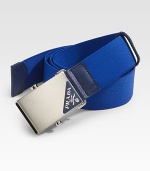 Premium nylon with generous stretch and a polished steel slide buckle. About 1¼ wide Nylon Made in Italy 