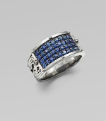 A tapered design in rhodium plated sterling silver is defined by four rows of tiny blue sapphires.Sterling silverBlue sapphiresAbout 1½ diamImported