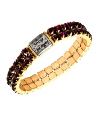 Make a statement with this stretch bracelet from RACHEL Rachel Roy. Crafted from gold-tone and silver-tone mixed metal, the bracelet also features purple glass stones while delivering a message. Approximate inner diameter: 2-1/4 inches. Approximate plate diameter: 1/2 inch.