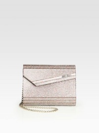 An ultra-modern, glitter design that can be worn along the shoulder or held as a clutch.Chain shoulder strap, 21 drop Magnetic snap top closure Inside open pocket Fully lined 6½W X 5H X 2D Made in Italy 