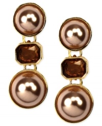 A refreshing touch of color. These triple drop earrings from Anne Klein boast plastic stones and pearls in moody tones. Crafted in gold tone mixed metal. Approximate drop: 1-1/4 inches.