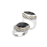 925 Silver & Faceted Onyx Marquise Ring with 18k Gold Accents- Sizes 6-8