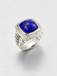 From the Albion Collection. A rich lapis cabochon surrounded by dazzling diamonds set in sleek sterling silver on an iconic split cable shank. LapisDiamonds, .39 tcwSterling silverWidth, about .6Made in USA 