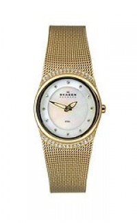 Skagen Women's 686XSGG Crystal Accented Mother of Pearl Gold Mesh Watch