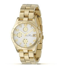 MARC BY MARC JACOBS has timed it right with the Henry chronograph. Round white dial with three-eye function and signature logo-enhanced bezel. Goldplated bracelet strap.