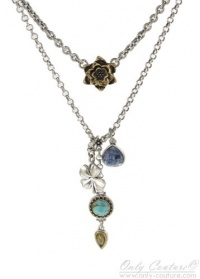 Lucky Brand Double Layered Necklace, Silver & Gold Tone Flower and Four-Leaf-Clover Charms with Turquoise Semi Precious Accents