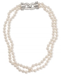 Unmatched elegance. Carolee's double-row necklace is crafted from silver-tone mixed metal with glass pearls adding a look that's both refined and resplendent. Approximate length: 17 inches. Approximate drop: 1/4 inch.