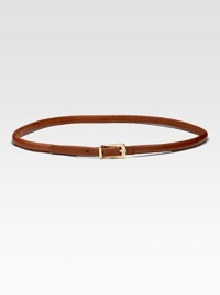 Rich skinny leather strip with goldtone hardware is the perfect waist-cinching accessory.About ½ wide Cow leather Imported 