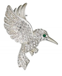 Quick moving fashion, by Charter Club. This soaring pin is styled in a hummingbird design and is embellished with clear and emerald crystal accents. Crafted in silver tone mixed metal. Approximate length: 2-1/2 inches. Includes a signature Charter Club gift box.