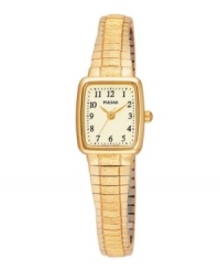 A perfectly elegant watch that has your comfort in mind. Pulsar by Seiko crafted of goldtone mixed metal expansion bracelet and rectangular case. Cream dial features black numerals and stick indices, three goldtone hands and logo. Quartz movement. Water resistant to 30 meters. Three-year limited warranty.