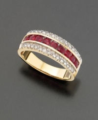 This band ring boasts round-cut rubies (9/10 ct. t.w.) and sparkling round-cut diamond accents. Set in 14k gold.