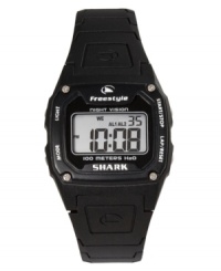 The Shark Classic watch by Freestyle is ready for play. This unisex watch has a black polyurethane strap and black square plastic case. Digital dial with time, day, date, night vision backlight, stop watch and two alarms. Digital movement. Water resistant to 100 meters. Limited lifetime warranty.