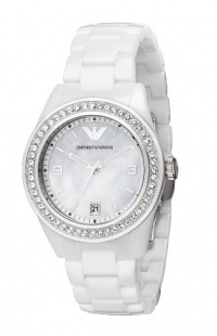 Emporio Armani Ladies White Ceramic Watch with White Dial and Stone Set Bezel