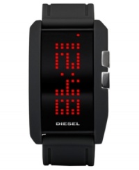 Step into the future. This Diesel watch features a black silicone strap and rectangular plastic case, 58x36mm. Negative display digital dial with red LED digits and logo. Quartz movement. Water resistant to 30 meters. Two-year limited warranty.