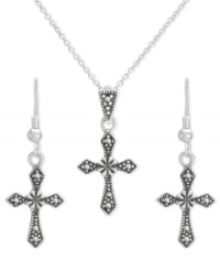 There's more than one way to express your faith. Genevieve & Grace's symbolic and sophisticated jewelry set features a matching cross pendant and drop earrings. Set in sterling silver with marcasite accents. Approximate length: 18 inches. Approximate drop length (pendant): 1 inch. Approximate drop width (pendant): 1/2 inch. Approximate drop length (earrings): 1-3/8 inches. Approximate drop width (earrings): 1/2 inch.