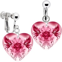 Heart Pink Tribal Butterfly Rose Clip Earrings