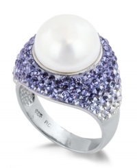 A contemporary classic. This sterling silver ring features a cultured freshwater pearl (10-11 mm) surrounded by tanzanite colored crystal (1/4 ct. t.w.), amethyst colored crystal (3/4 ct. t.w.) and crystal (1/3 ct. t.w.) for a stunning effect. Size 7.