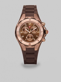 A sporty, yet chic timepiece with technical appeal in warm rose goldtone and complementary silicone. Quartz movementWater resistant to 5 ATMRound rose goldtone stainless steel case, 40mm (1.6) Logo etched bezelBrown chronograph dialNumeric hour markersSecond hand Brown silicone strapImported