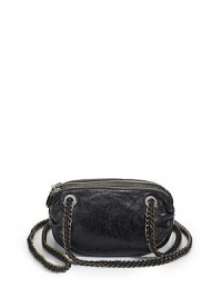 THE LOOKOval shape of distressed leatherDual two tone chain-link and leather crossbody strapsDual top zip closureOne inside zip pocketOne inside open pocketTHE FITDual crossbody straps, 18 drop10W X 6H X 2½DTHE MATERIALLeatherFully linedORIGINImported