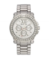 Sugar and spice and plenty of ice. Juicy Couture goes for nothing but shine with the Pedigree watch. Stainless steel bracelet and round case. Bezel crystallized with Swarovski elements and crown logo at top. Textured white dial features crystal-accented Roman numeral at twelve o'clock, three subdials ringed with crystals and luminous hands with touches of pink. Quartz movement. Water resistant to 30 meters. Two-year limited warranty.