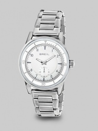 From the Orchestra Collection. A classic timepiece in sleek stainless steel. Quartz movementWater resistant to 10 ATMRound stainless steel case, 40.5mm (1.6)White-plated bezelWhite dialNumeral hour markersSecond hand sub-dialStainless steel link braceletImported