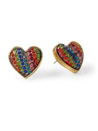 COLORFUL 60'S MOD RAINBOW STRIPES STRIPED Crystal HEARTS STUDS EARRINGS Aretes Coloridos Corazones Rayados