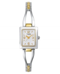 With two luminous metallic tones and artful elegance, this Caravelle by Bulova watch beams with sophistication. Two-tone mixed metal bangle bracelet. Rectangular mixed metal case and rectangular white dial with logo and numeral indices. Quartz movement. Moisture resistant. Three-year limited warranty.