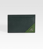 Handsome saffiano leather with metal triangle logo accent. Three card slots Nylon lining 4W X 2¾H Made in Italy 